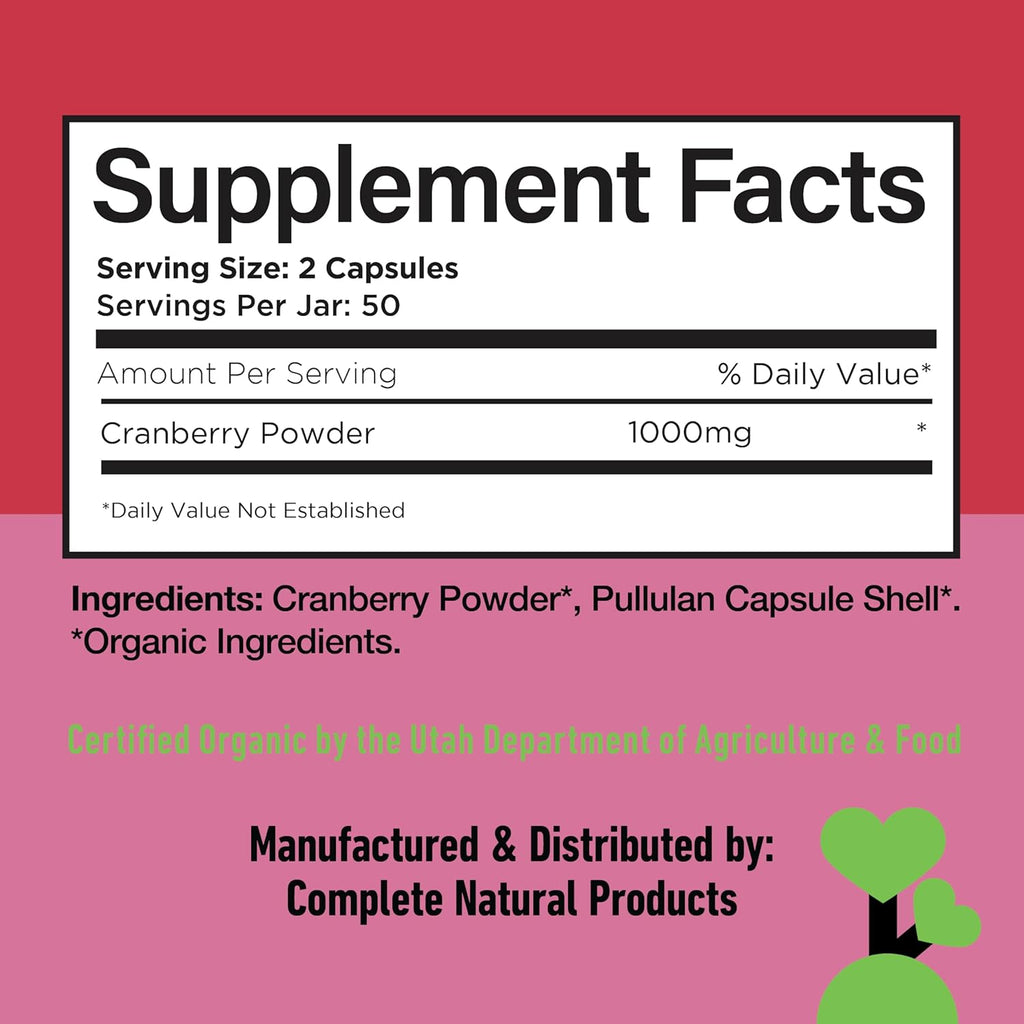 Organic Cranberry Capsules 500mg | Plant-Based, Vegan, Non-GMO, No Fillers | Supports Urinary Tract & Bladder Health | Organic Cranberry Powder Supplement