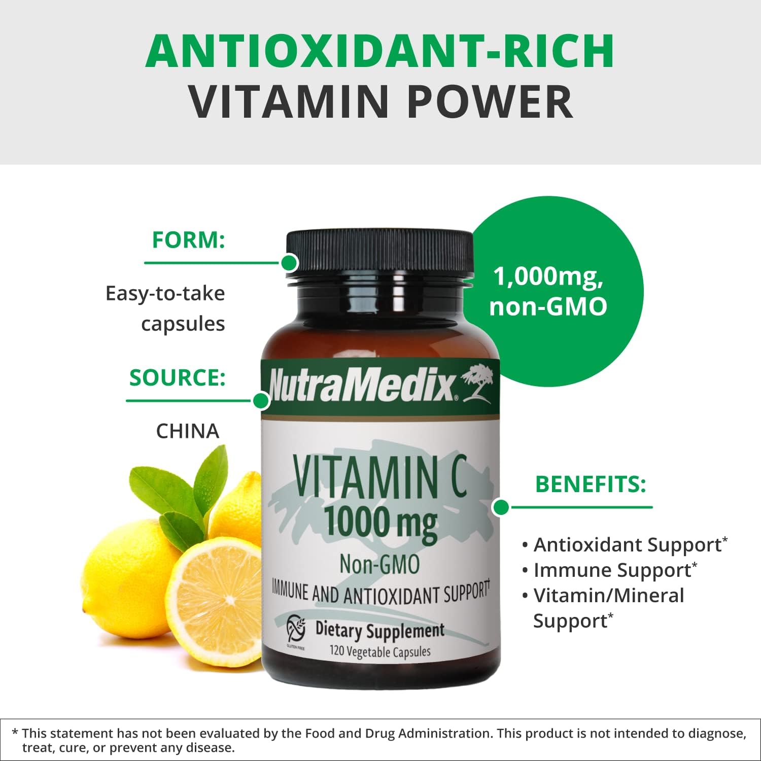 NutraMedix Vitamin C 1000mg - Antioxidants Supplement for Immune Support & Heart Health - Vitamin C from Ascorbic Acid - Vegan, Non-GMO (120 Vegetarian Capsules)