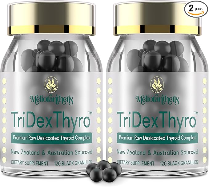 Thyroid Supplement – TriDexThyro™ Raw Desiccated Thyroid Complex 375 mg with Bovine, Porcine & Ovine –120 Capsules for Women and Men（2 Pack）