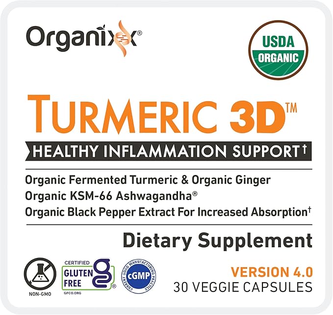 Organixx USDA Organic Turmeric Curcumin Supplement with Ashwagandha, Vitamin D, Turmeric & Ginger – Fermented for Maximum Bioavailability, 30 Capsules