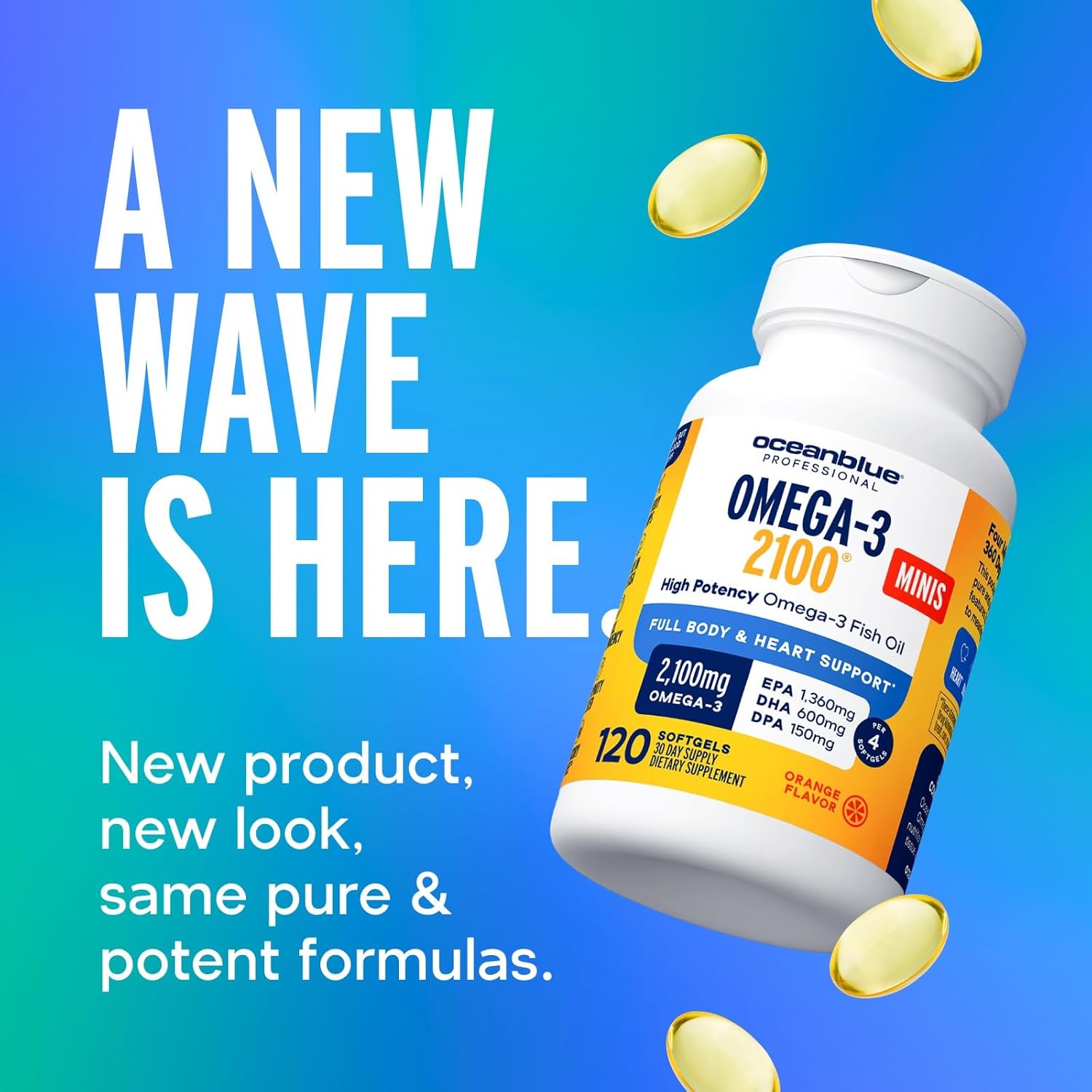 Oceanblue Professional Omega-3 2100 Minis – 120 ct – Triple Strength Burpless Fish Oil Supplement with High-Potency EPA, DHA, DPA – Orange Flavor (30 Servings)