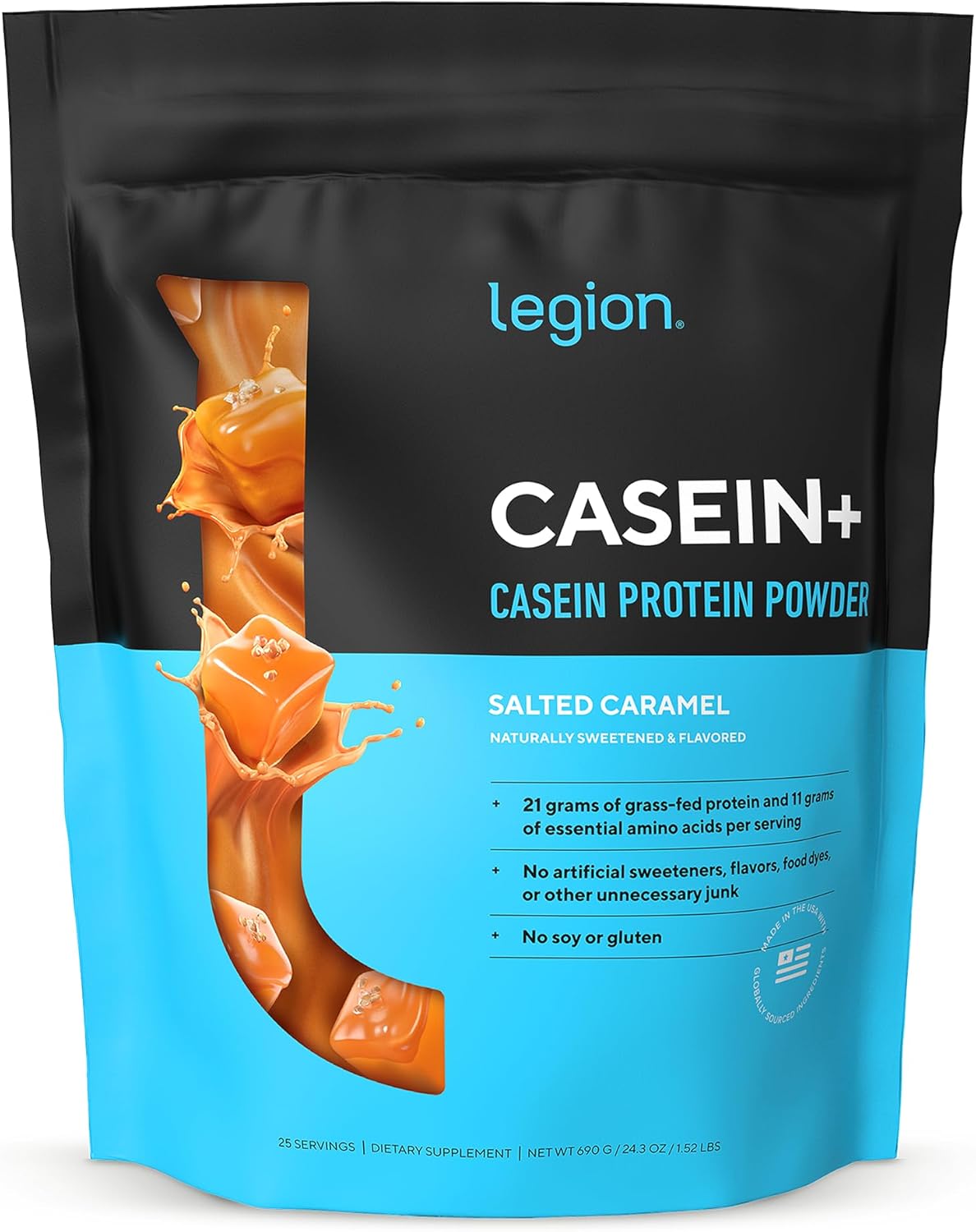 LEGION Casein+ Casein Protein Powder (Salted Caramel) - Slow-Release Micellar Casein Protein Powder - Non-GMO, Gluten-Free & Naturally Sweetened Casein Powder from Grass-Fed Cows