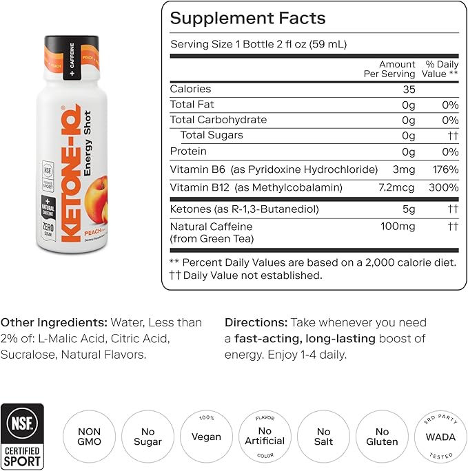 Ketone-IQ Exogenous Ketone Energy Shots with Caffeine - 12 Pack of Green Tea Caffeine Shots with 5g Bioidentical Ketones and B Vitamins - Fast Acting, On The Go Clean Energy Drink (Peach)