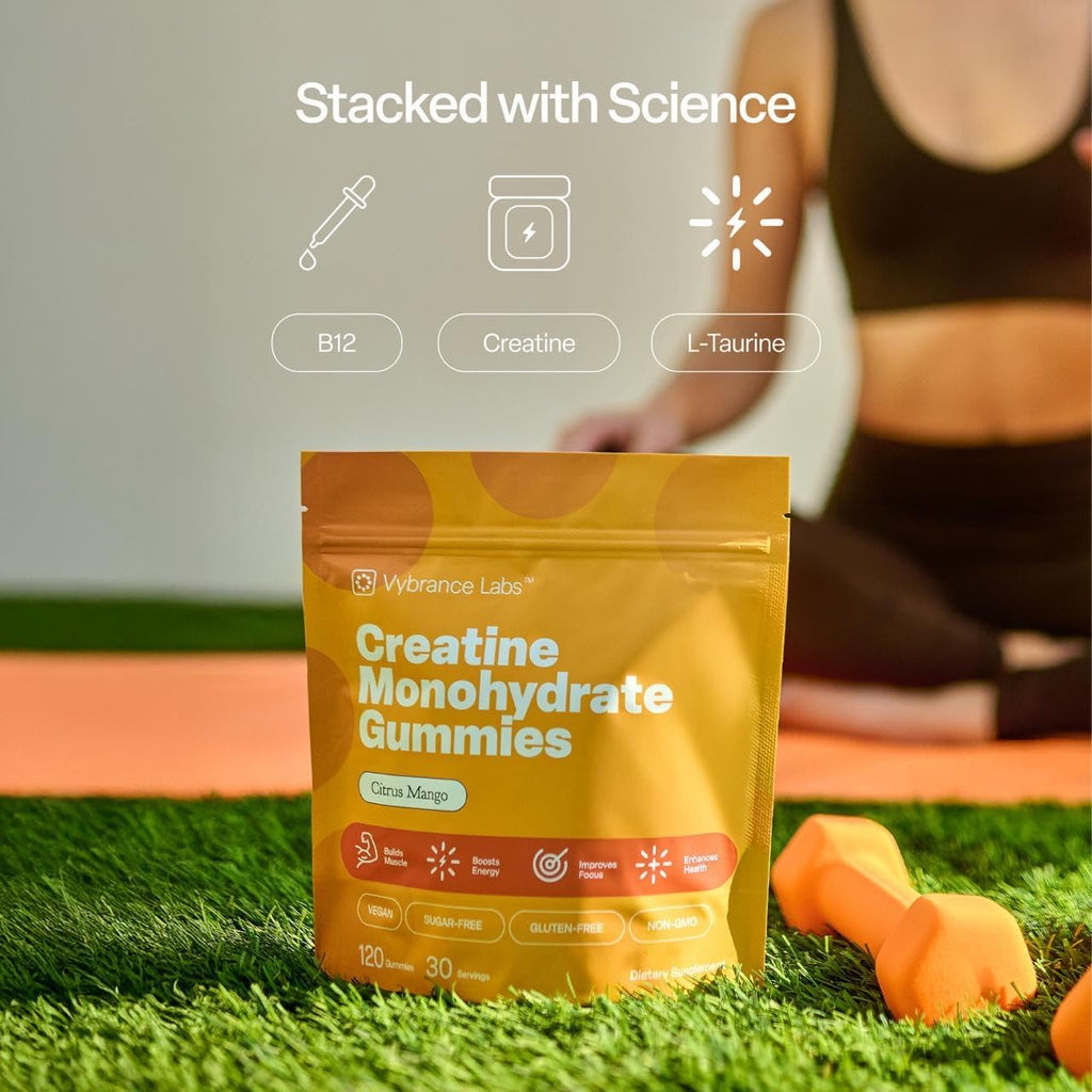 Creatine Gummies 5g Creatine Creapure + Taurine & B12 - Sugar-Free, Vegan, Gluten-Free - Citrus Mango - 120 Count (30 Servings) for Strength, Energy & Focus