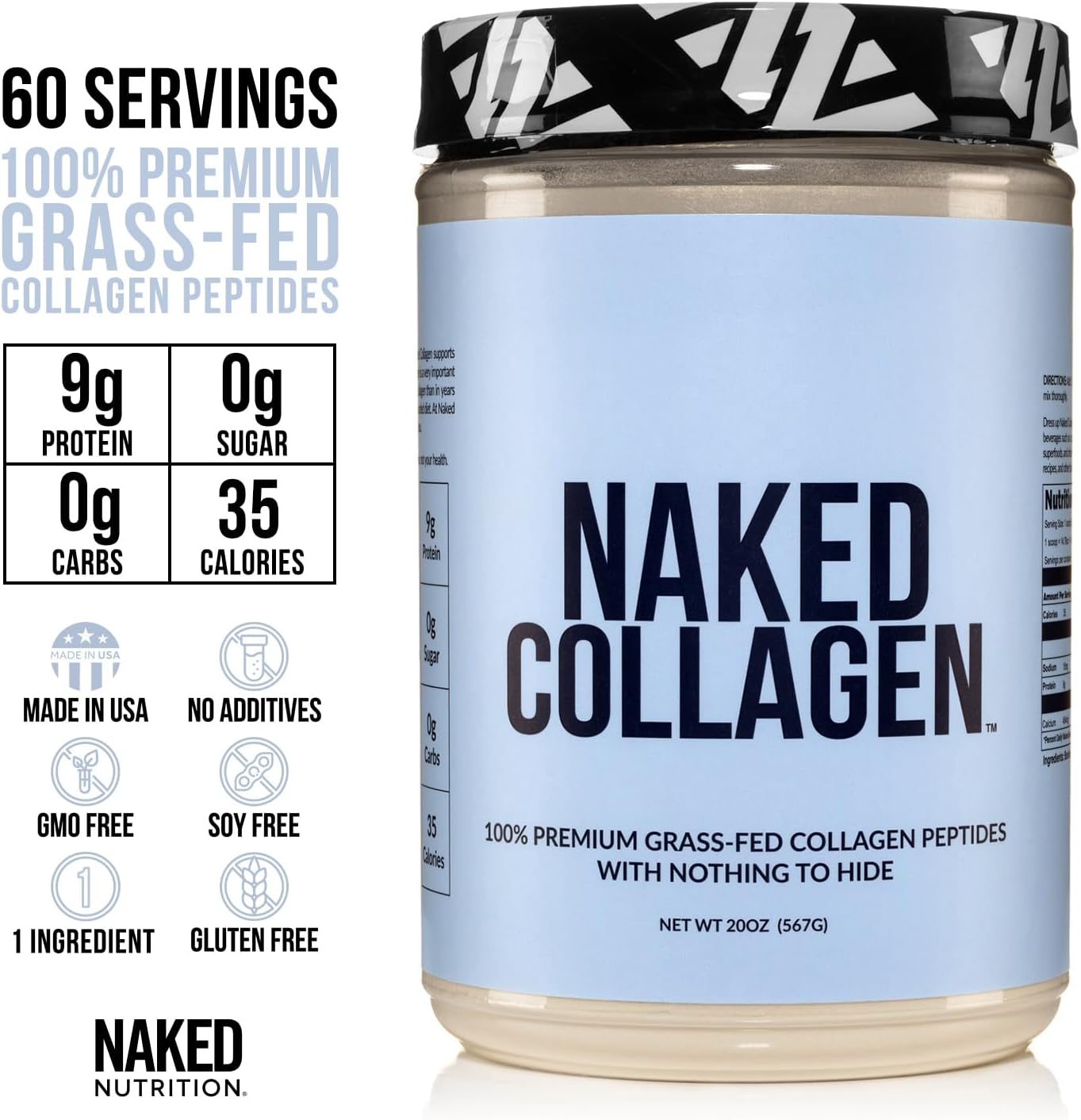 NAKED Collagen Peptides Protein Powder, 60 Servings, Pasture-Raised, Unflavored Grass-Fed Hydrolyzed Collagen Supplement, Paleo Friendly, Non-GMO, Keto, Gluten Free, 20oz