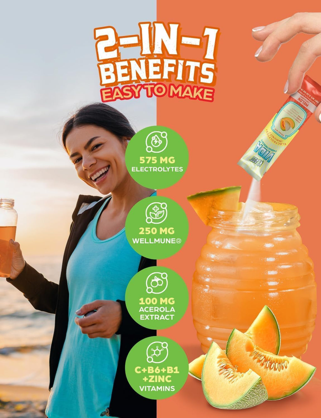 Hydration + Immunity Electrolyte Drink Mix – Cantaloupe Agua Fresca Flavor | Sugar-Free Powder with Wellmune®, Acerola, Coconut Water & Minerals | 15 Single-Serve Stick Packs, Low Calorie