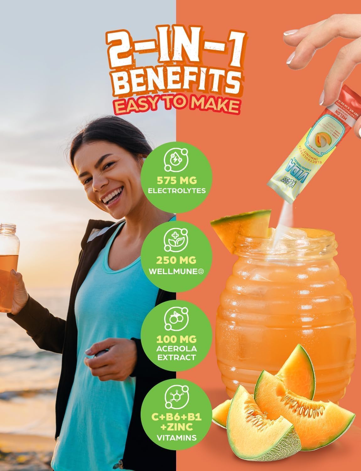 Hydration + Immunity Electrolyte Drink Mix – Cantaloupe Agua Fresca Flavor | Sugar-Free Powder with Wellmune®, Acerola, Coconut Water & Minerals | 15 Single-Serve Stick Packs, Low Calorie