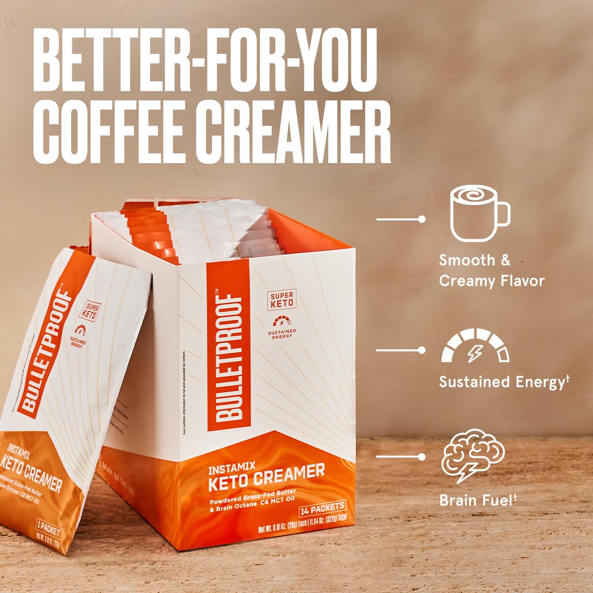 Bulletproof InstaMix Original Unflavored Keto Coffee Creamer Packets, Pack of 14, Powdered Grass-Fed Butter and Brain Octane C8 MCT Oil, Supports Brain Function