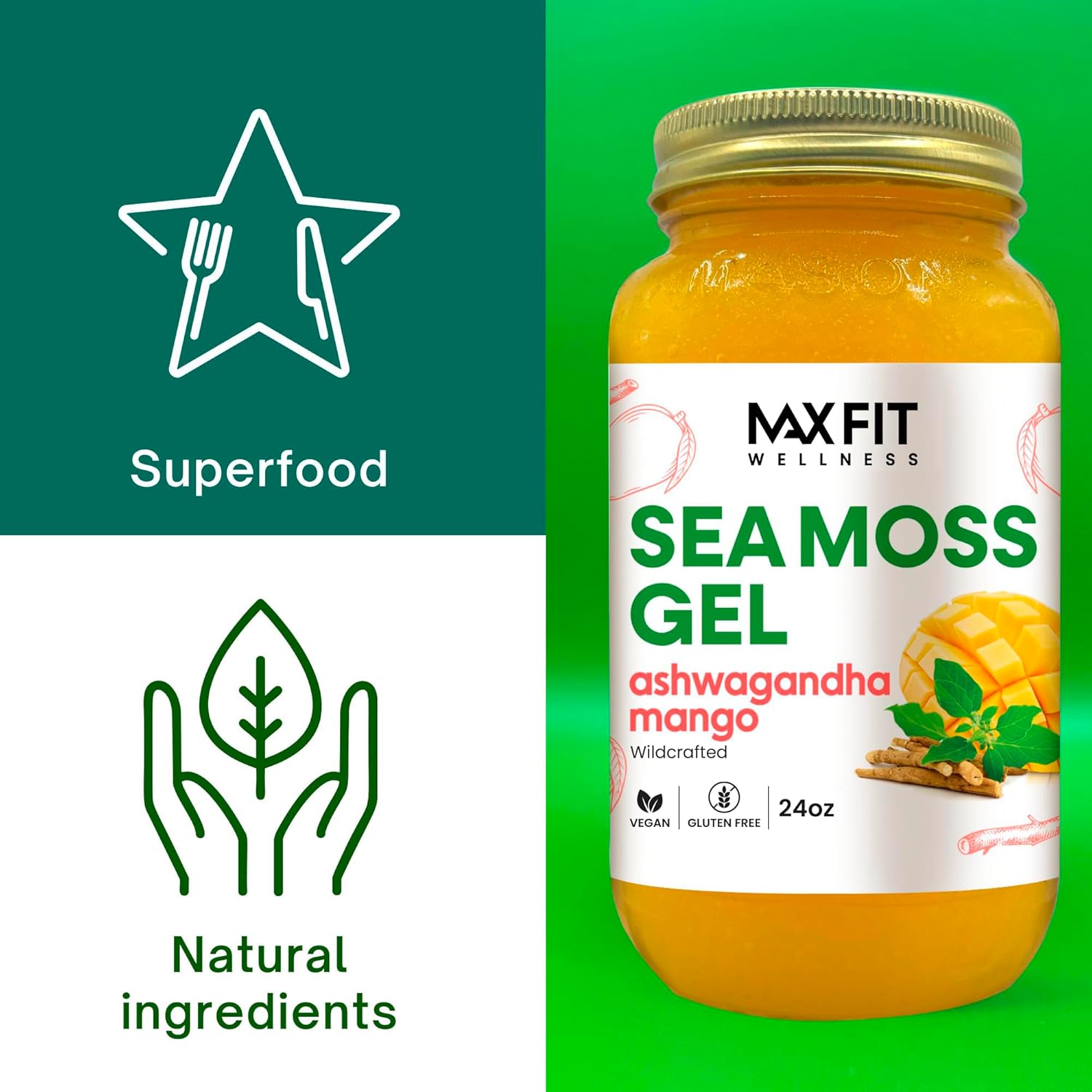 Sea Moss Gel Ashwagandha Mango (25 Flavors) 24oz Wildсrafted Gold Sea Moss Gel from Saint Lucia | 92 Vitamins and Minerals | Pure Raw+Non-GMO