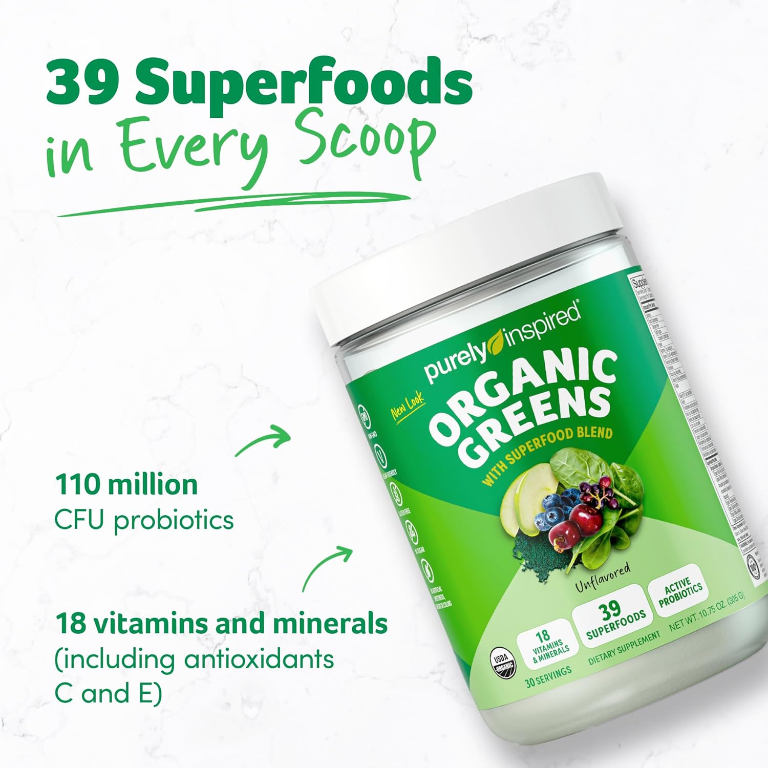 Purely Inspired Organic Greens Powder Superfood Smoothie Mix, Unflavored (30 Servings) - Super Greens with Probiotics, Spirulina & Chlorella for Gut & Digestive Health - Vegan & Gluten-Free