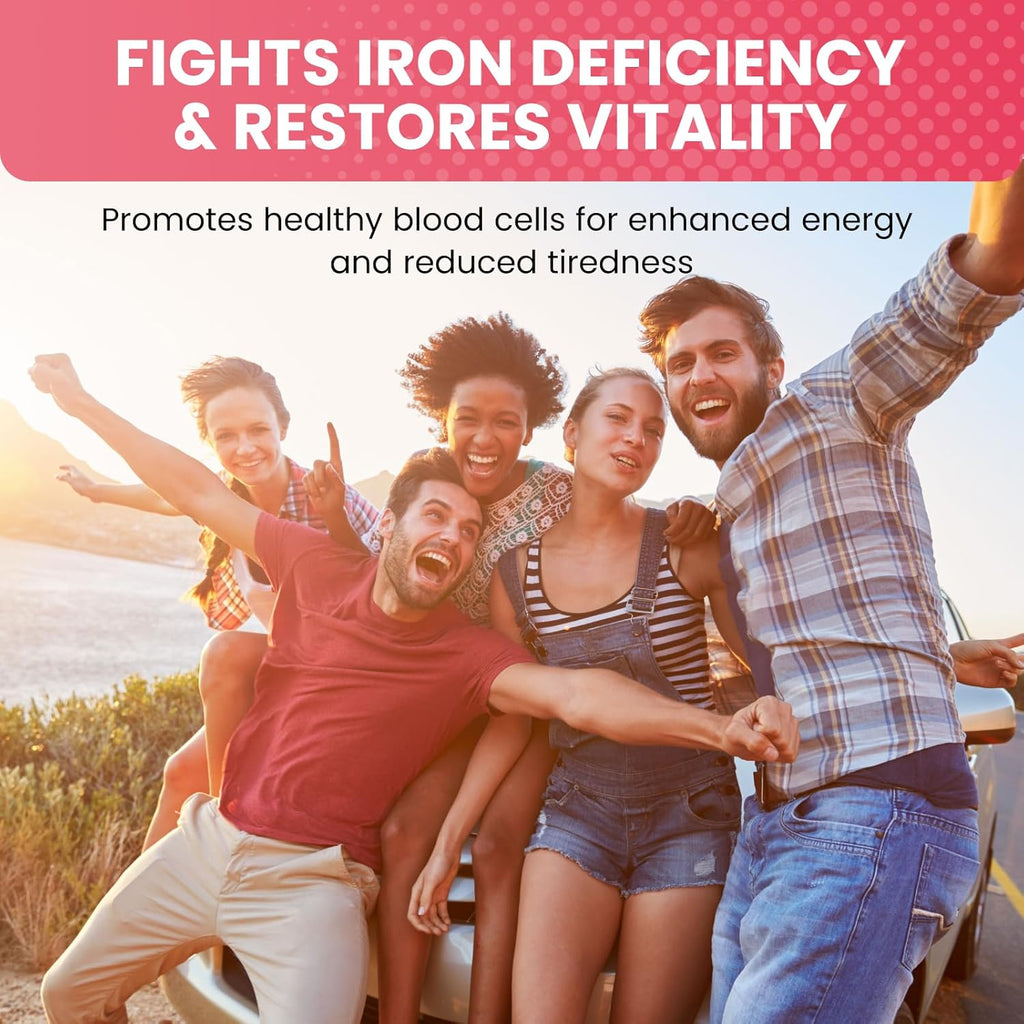 Liquid Iron Supplement for Women, Men & Kids, Liquid Iron Drops with Folate, Vitamin C, B6, B12 for Anemia, Red Blood Cell, Energy Support, Strawberry Flavor, 2 Fl Oz