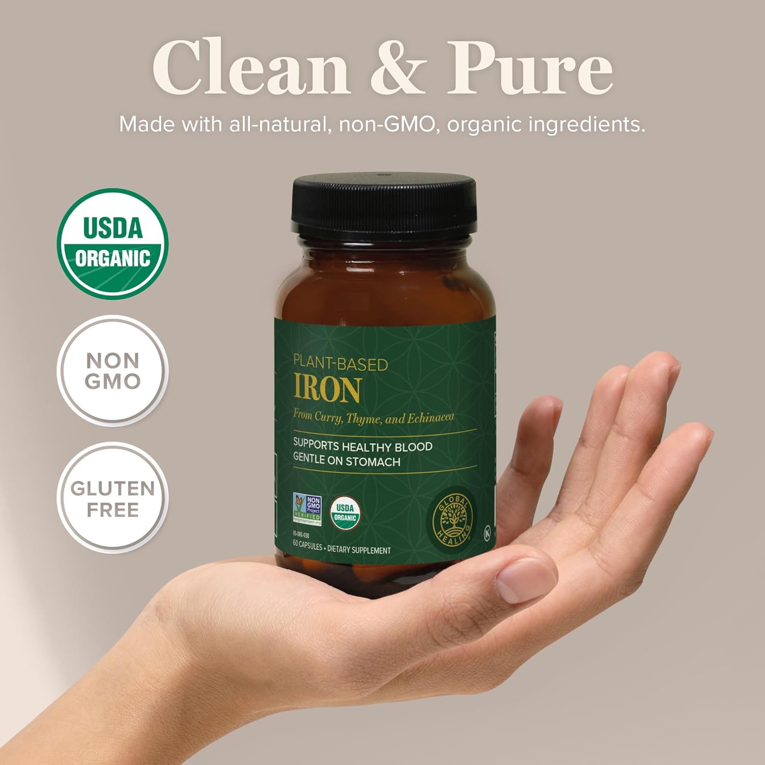 Global Healing Iron Supplement for Women and Men - Blood Builder Liquid Iron Vitamin with Curry Plant Extract - Natural Energy to Combat Fatigue, Brain Health & Oxygen Level Support (2 Oz)