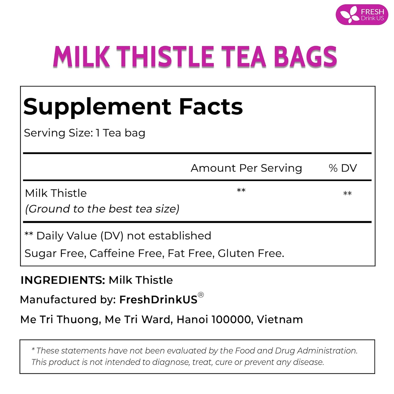 FreshDrinkUS, Premium 135 Milk Thistle Tea Bags, 100% Natural & Pure from Milk Thistle Seeds. Milk Thistle Seed Herbal Tea. Made with Natural Material Tea Bags. No Sugar, No Caffeine, No Gluten, Vegan.