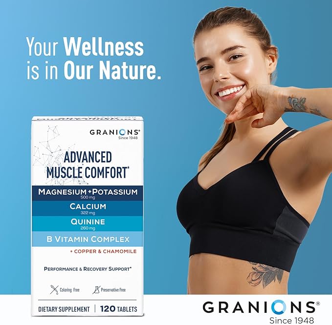 Granions Advanced Muscle Comfort - Natural Muscle Relaxer Pills Support with Quinine, Magnesium, Potassium, B Vitamins, Chamomile and CoQ10 for Immediate Muscle Relaxation and Comfort - 120 Tablets