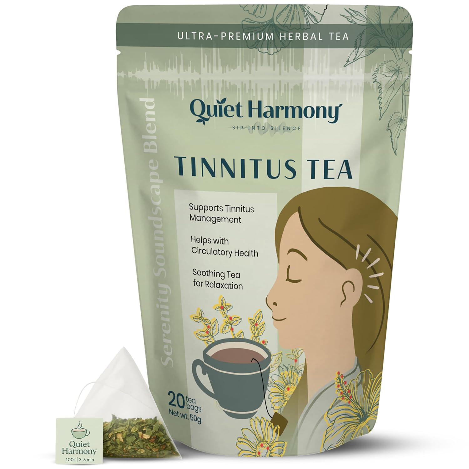 Quiet Harmony Tinnitus Relief Tea – Serenity Soundscape Blend | Ultra Premium Functional Herbal Tea for Ear Health & Nervous System Support | Rooibos, Ginkgo, Lemon Balm | 20 Pyramid Bags | Caffeine-Free