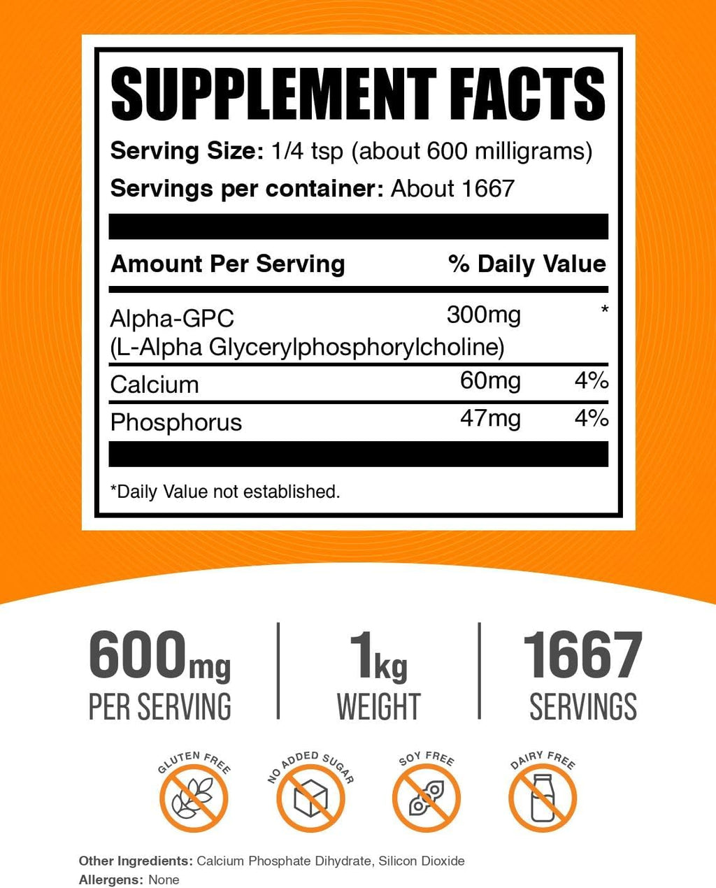 BulkSupplements.com Alpha GPC Powder - Choline Supplements, Alpha GPC 300mg - Unflavored & Gluten Free, 600mg per Serving, 1kg (2.2 lbs) (Pack of 1)