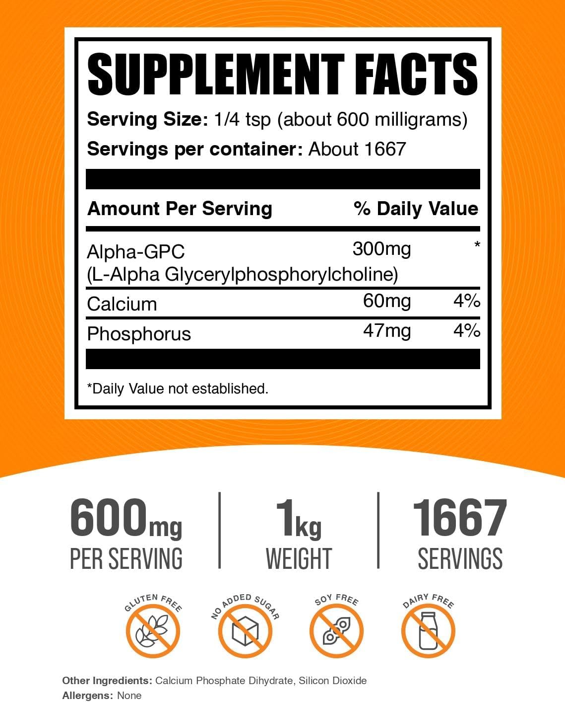 BulkSupplements.com Alpha GPC Powder - Choline Supplements, Alpha GPC 300mg - Unflavored & Gluten Free, 600mg per Serving, 1kg (2.2 lbs) (Pack of 1)