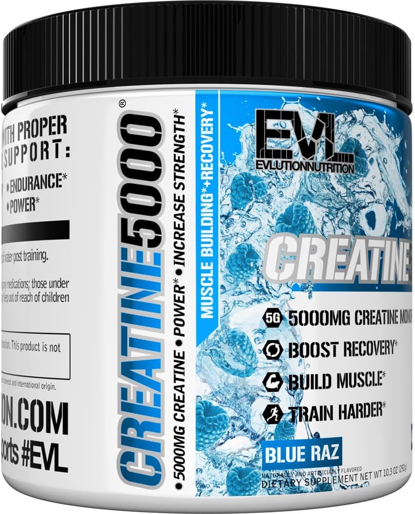 Evlution Nutrition Creatine 5000 - Supports Faster Recovery, Lean Muscle Growth & Performance - Pre & Post Workout Powder - 5000mg Pure Creatine Monohydrate Per Serving - 40 Servings - Blue Raz