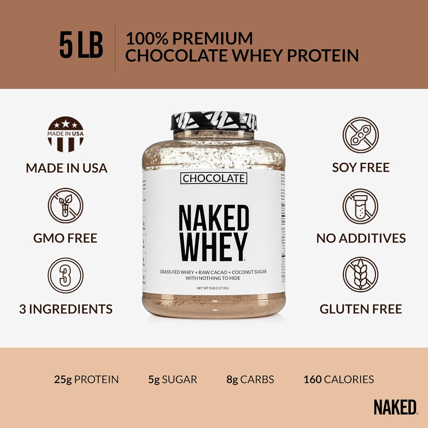 NAKED Whey Protein Supplement Powder, Chocolate, GMO Free, Soy Free, Gluten Free Aid Muscle Growth and Recovery 60 Servings, 5 Ib