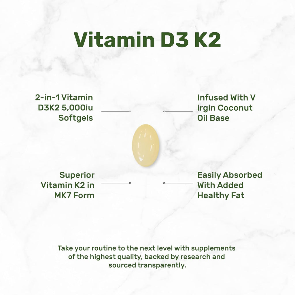 DEAL SUPPLEMENT Vitamin D3 5,000 IU + K2 MK7 100mcg Softgels | 2-in-1 Complex with Virgin Coconut Oil | Supports Heart, Bone, Teeth & Immune Health | Easy to Swallow