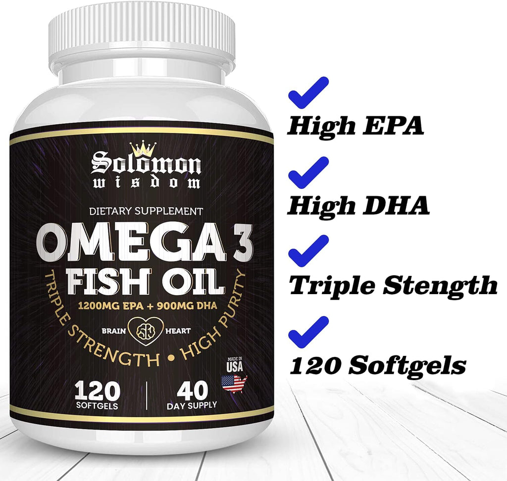 SOLOMON WISDOM Omega 3 Fish Oil - Dietary Supplement for Healthy Heart & Brain - 120 Soft Gel Capsules with High EPA 1200mg & DHA 900mg - Burpless, Odorless with Natural Lemon Flavor