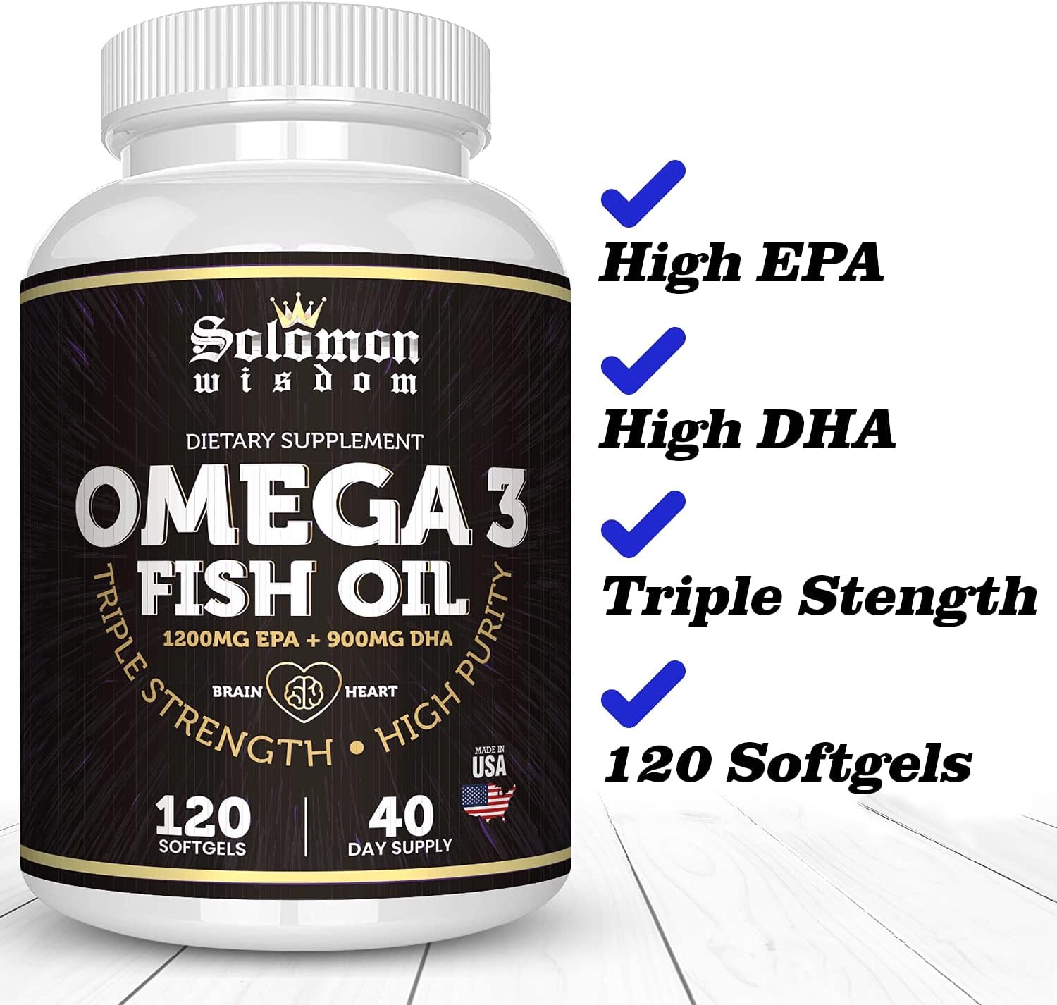 SOLOMON WISDOM Omega 3 Fish Oil - Dietary Supplement for Healthy Heart & Brain - 120 Soft Gel Capsules with High EPA 1200mg & DHA 900mg - Burpless, Odorless with Natural Lemon Flavor