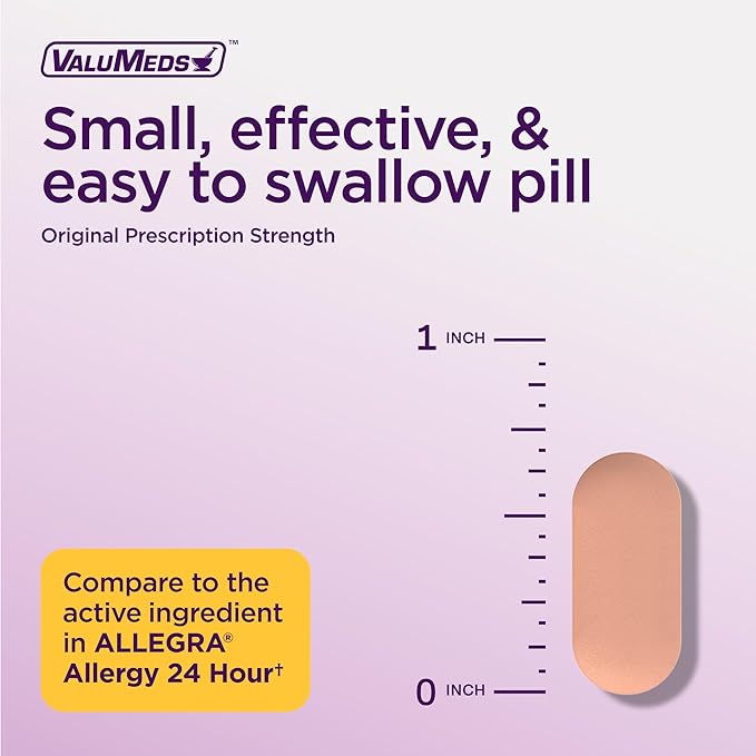 ValuMeds 24-Hour Allergy Relief Fexofenadine Hydrochloride 180mg | Non-Drowsy Antihistamine Generic Medicine for Allergies, Hay Fever, Itchy Eyes for Kids, Adults | Compare to Allegra (45-Count)