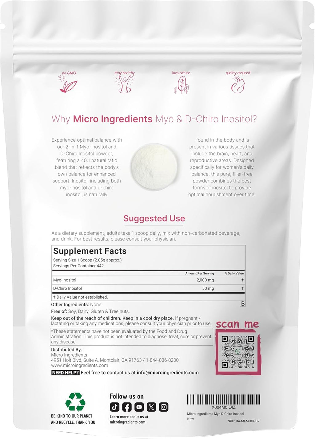 Micro Ingredients Myo-Inositol & D-Chiro Inositol Powder, 2lb (442 Servings) | 40:1 Ideal Ratio Inositol Supplement for Women | Supports Hormonal Balance & Ovarian Health | Non-GMO, Vegan, Filler-Free