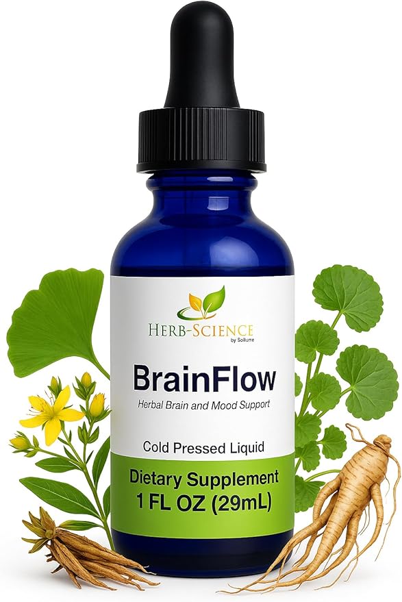 Herb-Science BrainFlow – Herbal Brain & Mood Support | Liquid Supplement with Ginkgo, Ginseng, Gotu Kola & St. John’s Wort | Focus, Clarity, Mood & Circulation | Alcohol-Free, 1 fl oz