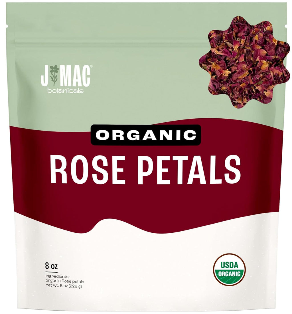 J MAC BOTANICALS Organic Rose Petals, (8 oz) Certified USDA Organic, Edible, Culinary Grade for Herbal Tea, Cooking and Crafts