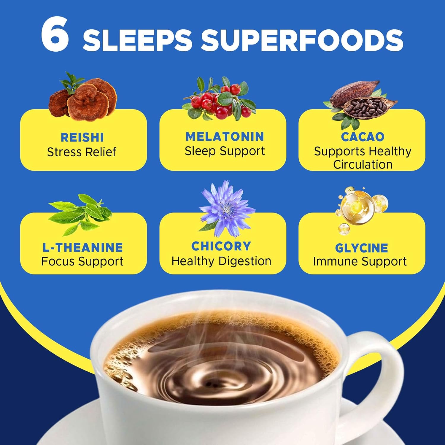 JUYIHEAL Mushroom Hot Cocoa with Melatonin, Reishi, Glycine, Cacao, L-Theanine, Chicory for Calm and Relax Support, Sleep Hot Cocoa Supplement ((7 Servings)