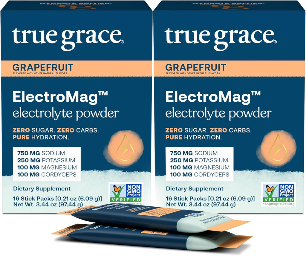 True Grace ElectroMag - 16 Stick Packs (Pack of 2) - Grapefruit - Electrolyte Powder for Rapid Hydration - Sodium, Potassium, Magnesium & Cordyceps - Zero Sugar & Carbs - Non-GMO - 32 Total Servings
