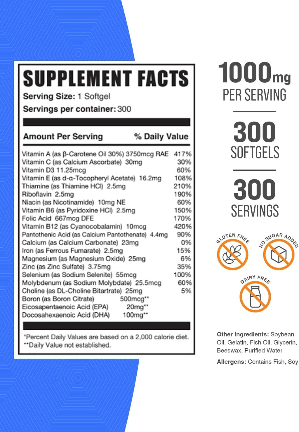 BulkSupplements.com Multivitamin for Men Softgels - Daily Multivitamin, Multimineral Supplement, with Fish Oil - Gluten Free, 1 Men's Multivitamin Softgel per Serving, 300 Count (Pack of 1)