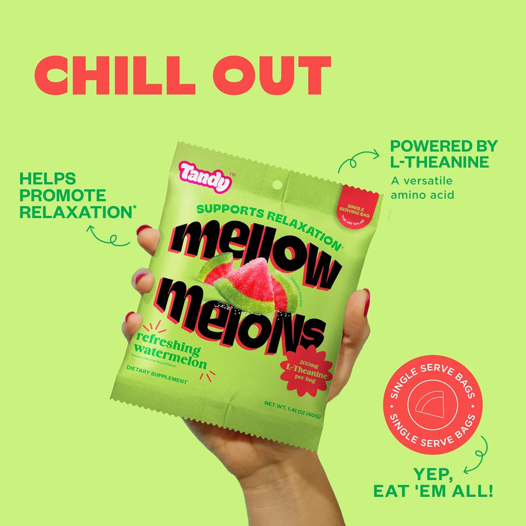 Tandy Mellow Melons L-Theanine Gummies I Relaxation Gummy with Refreshing Watermelon Flavor I Calming Gummies for Adults I Gluten-Free Fast-Acting Dietary Supplement Gummy I 6-Pack