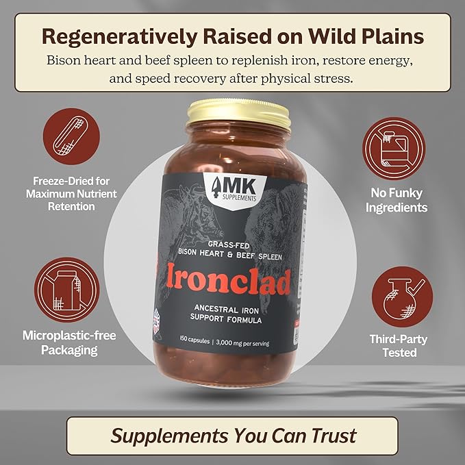 MK Supplements IRONCLAD – Grass-Fed Beef Spleen & Bison Heart | Natural Heme Iron for Energy, Endurance & Recovery | Regeneratively-Raised, Freeze-Dried Ancestral Iron Support