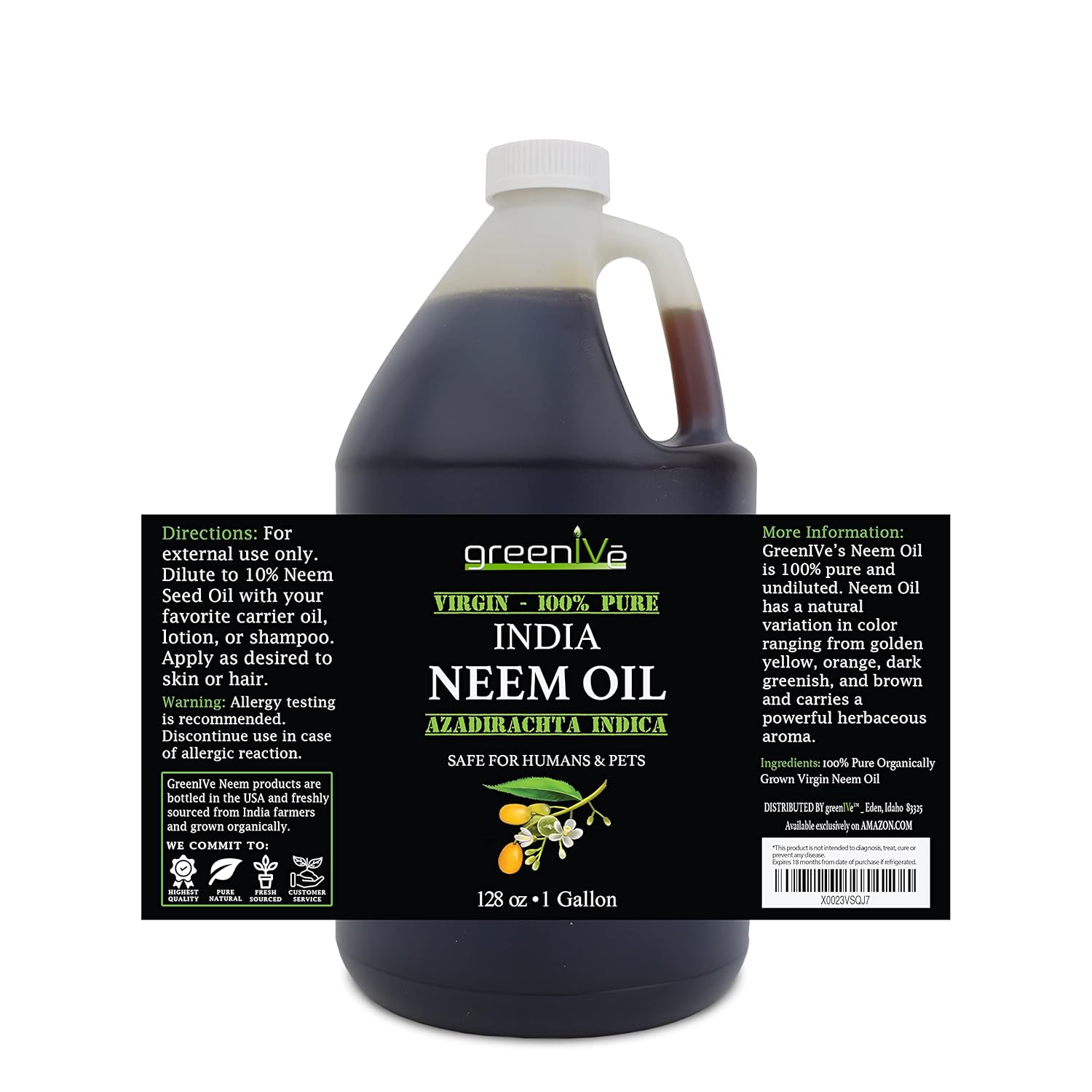 GreenIVe Neem Oil, 100% Cold Pressed Virgin, Pure Unrefined, 128 Fl Oz (1 Gallon), Natural Plant-Based, Non-GMO