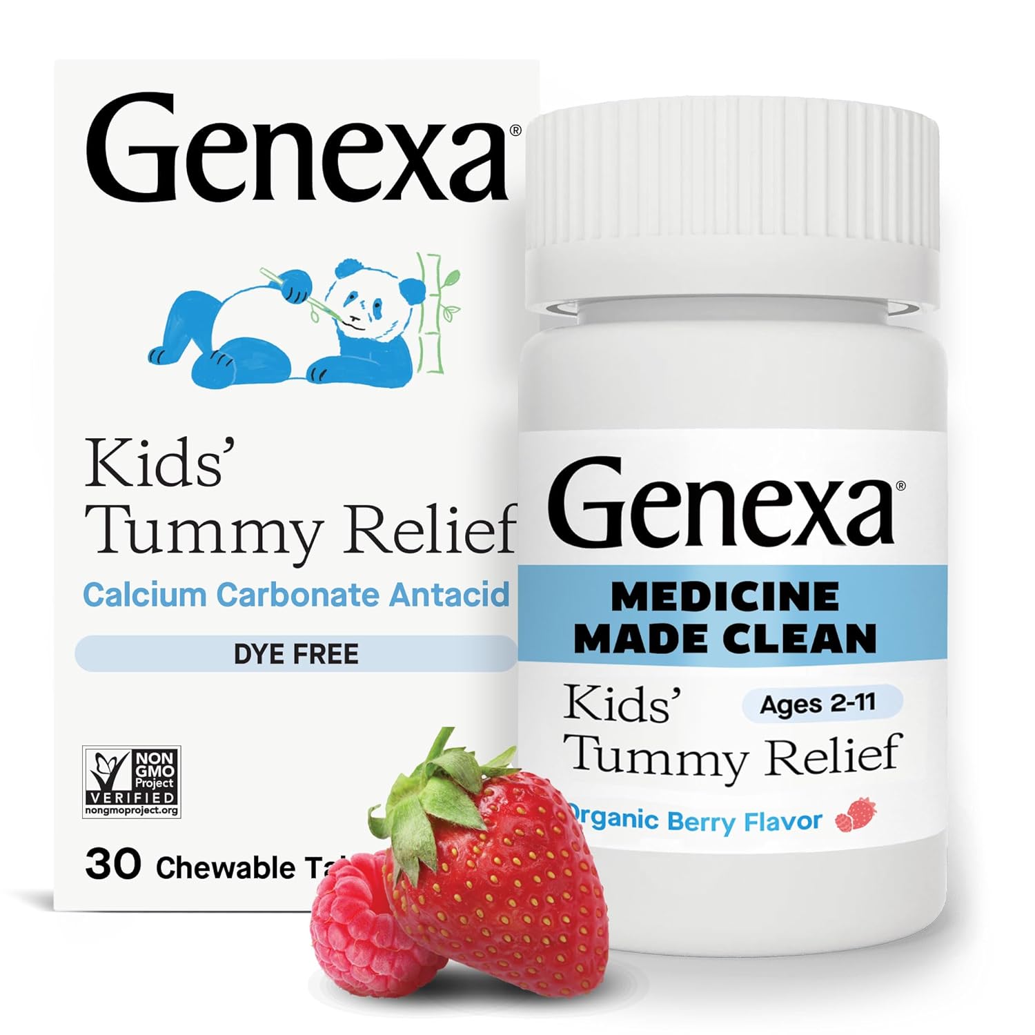 Genexa Kids' Clean Tummy Relief | Heartburn, Acid Indigestion & Sour Stomach Relief | Children's Calcium Carbonate | Dye Free, 0% Artificial Additives | Ages 2-11, Berry Flavor Chewable Tablets, 30ct