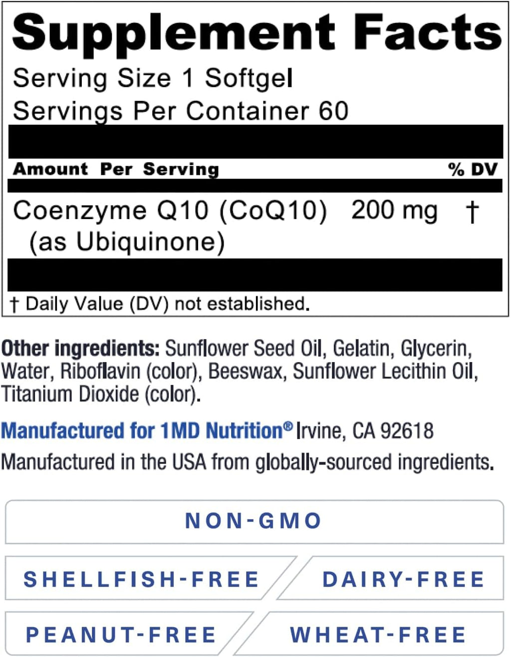1MD Nutrition CoQ10 - for Heart Health & Cellular Energy Production - Health Supplement for Men & Women - Coenzyme Q10 Softgel - 60 Days