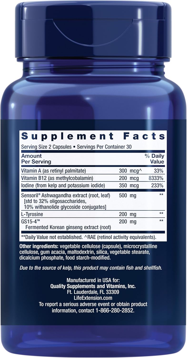 Life Extension Thyroid Support Complex - Thyroid Health Support Supplement with Vitamins A, B, Iodine, Magnesium, L-Tyrosine, Ashwagandha & Ginseng for Energy – Non-GMO, Gluten-Free - 60 Capsules
