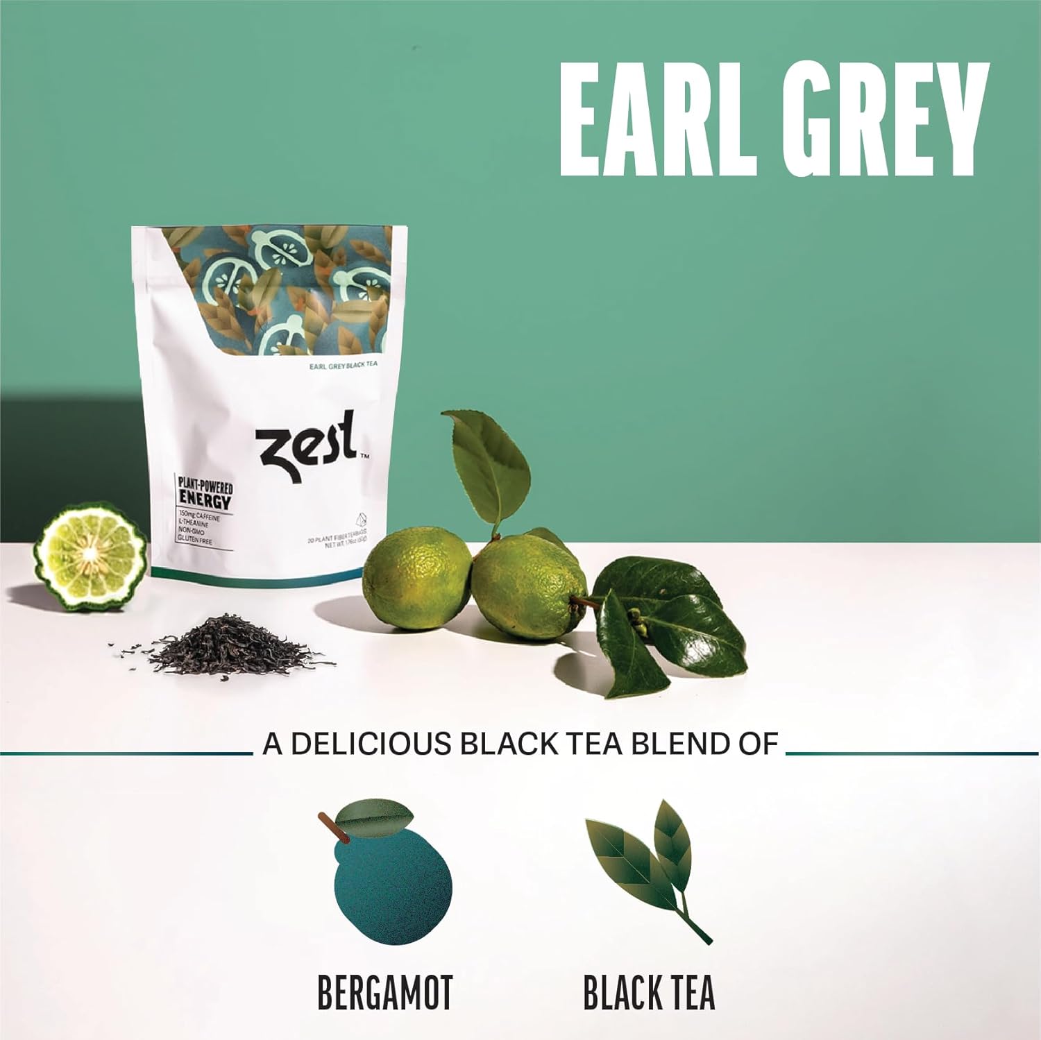 Zest Energy Green Tea - Pomegranate Mojito - High Caffeine Peppermint Tea Bags - Caffeinated Coffee Altnernative/Substitute - Natural, Non-GMO & Keto Friendly - Hot or Iced - 20Ct Pack - 135mg Caf