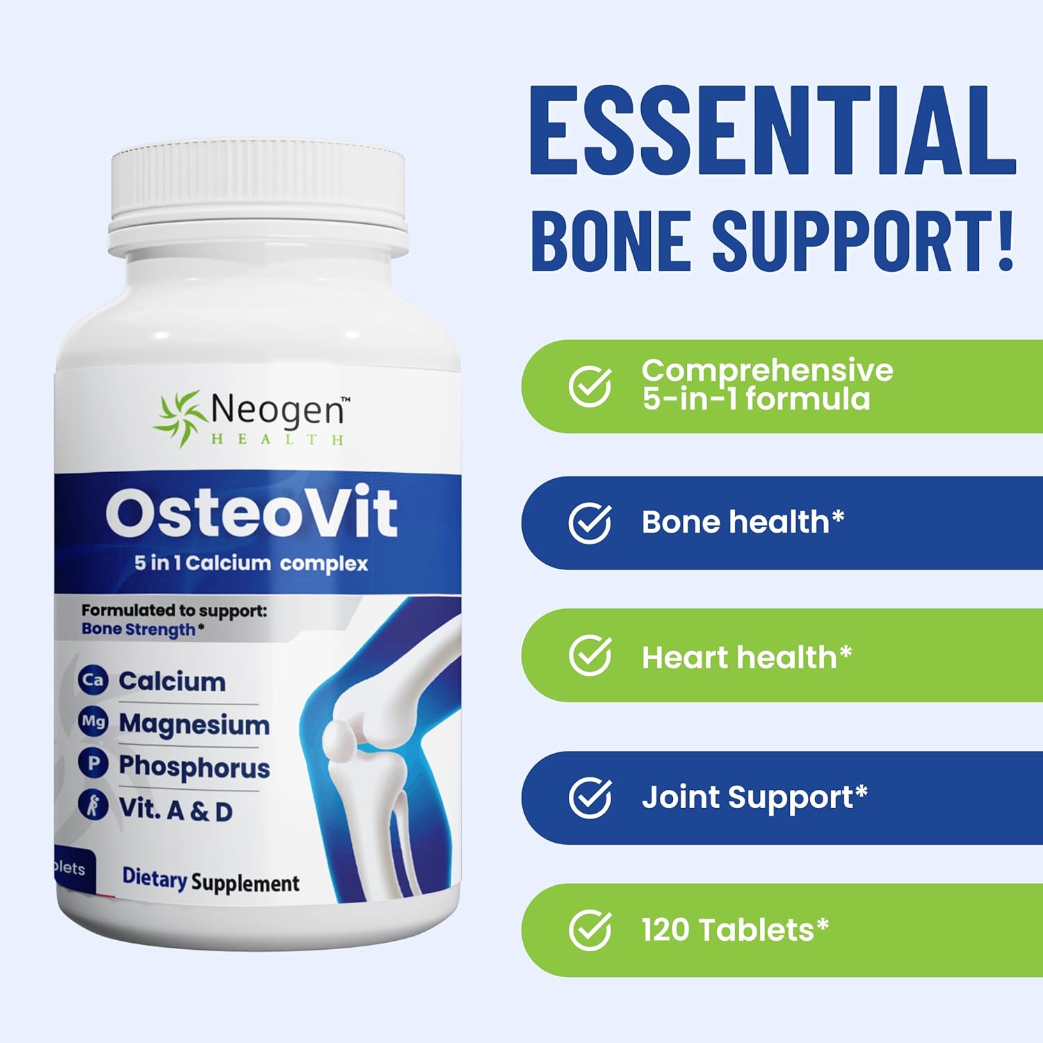OsteoVit 5-in-1 Calcium 120 tabs Multivitamin: Calcium, Magnesium, Phosphorus, Vitamin D3 & A - Bone Strength & Flexibility*, Non-GMO Gluten Free | Calcium Supplement for Women & Men with Vitamin D