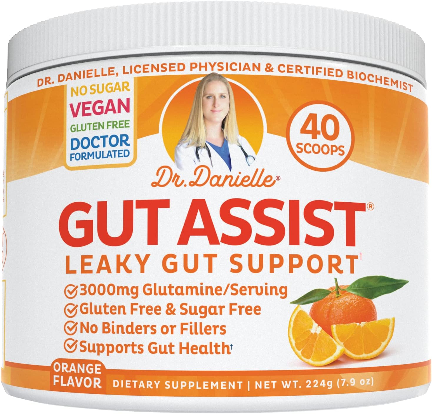 Doctor Danielle Gut Assist - Leaky Gut Repair Supplement Powder, Glutamine, Arabinogalactan, Licorice Root - Supports IBS, Heartburn, Bloating, Gas, Constipation, SIBO from, Orange Flavor