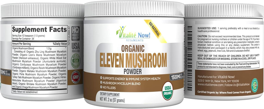 Organic 11 Mushroom Powder - USDA Certified - Lion's Mane, Reishi, Cordyceps, Maitake, Shiitake, Turkey Tail, Chaga, Zhuling, Wood Ear, Poria Cocos, Hime-Matsutake - Immunity & Energy, No filler
