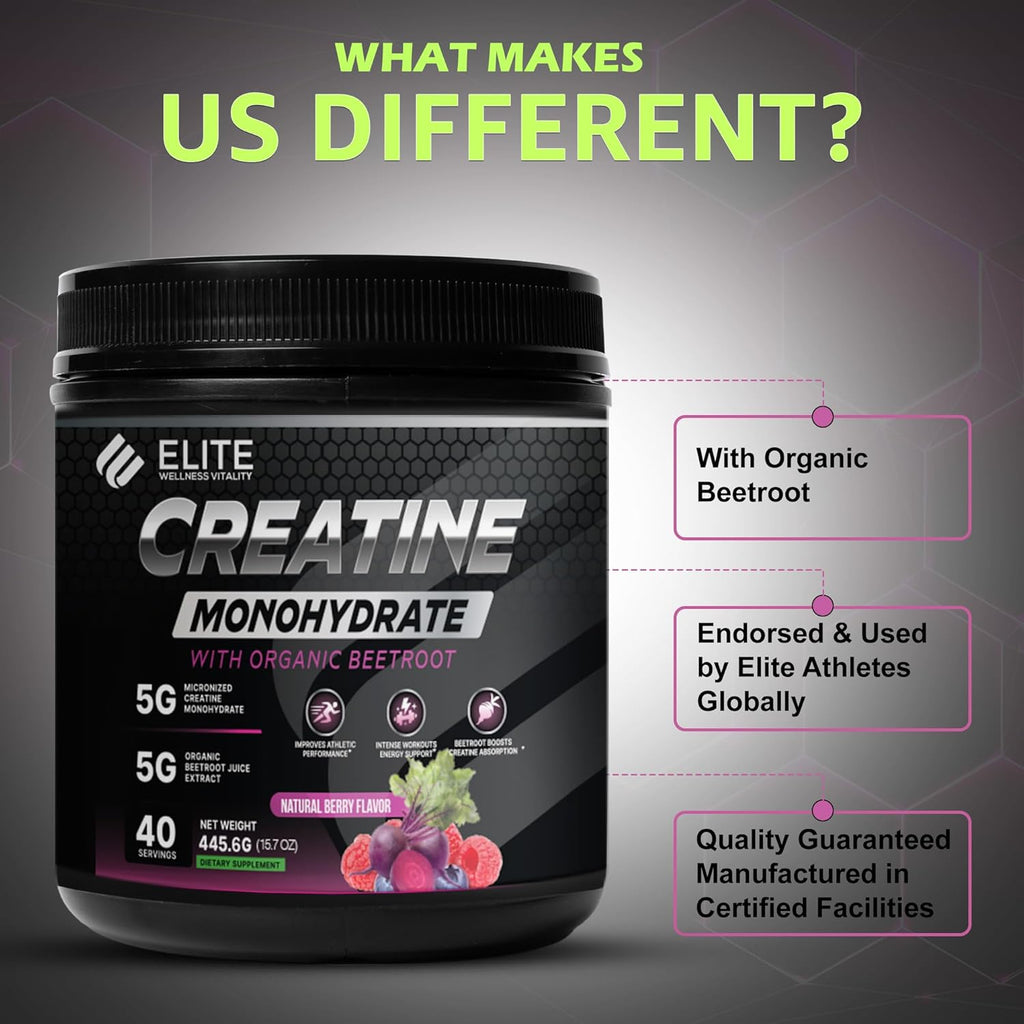 Elite Wellness Berry Flavor Creatine Monohydrate with Organic Beetroot Supplement - Supports Muscle Strength, Stamina, Cognitive Function & Athletic Performance, Gluten & Dairy Free, NSF Qualified