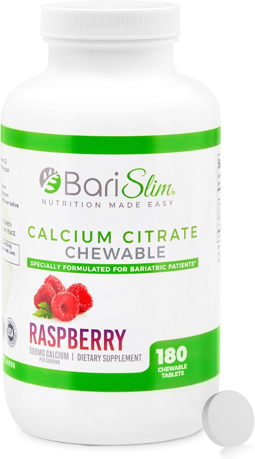 BariSlim Bariatric Calcium Citrate with Magnesium & Vitamin D Tabs - 500mg Calcium Citrate - Formulated for Post Weight Loss Surgery - Supports Bone Health | Raspberry Flavor
