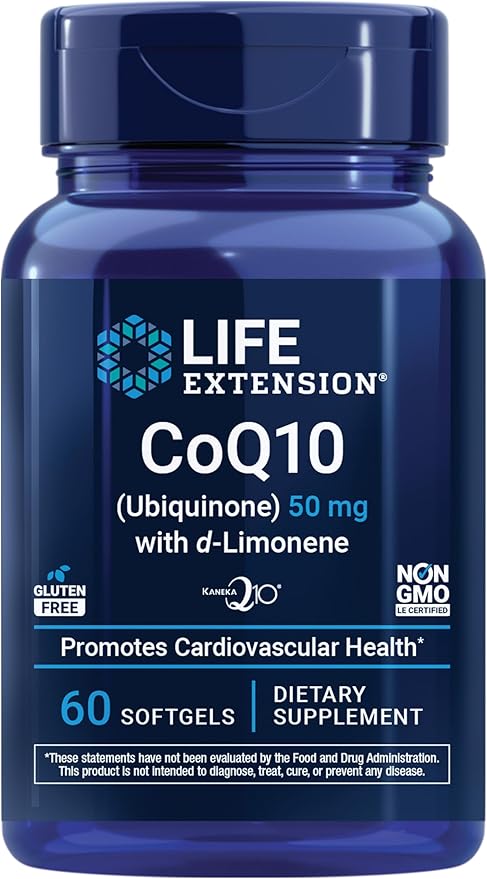 Life Extension Super-Absorbable CoQ10 (Ubiquinone) with d-Limonene, Heart Health Supplement, relieves General Fatigue, oxidative Stress Defense, 50 mg, Non-GMO, Gluten-Free, 60 softgels