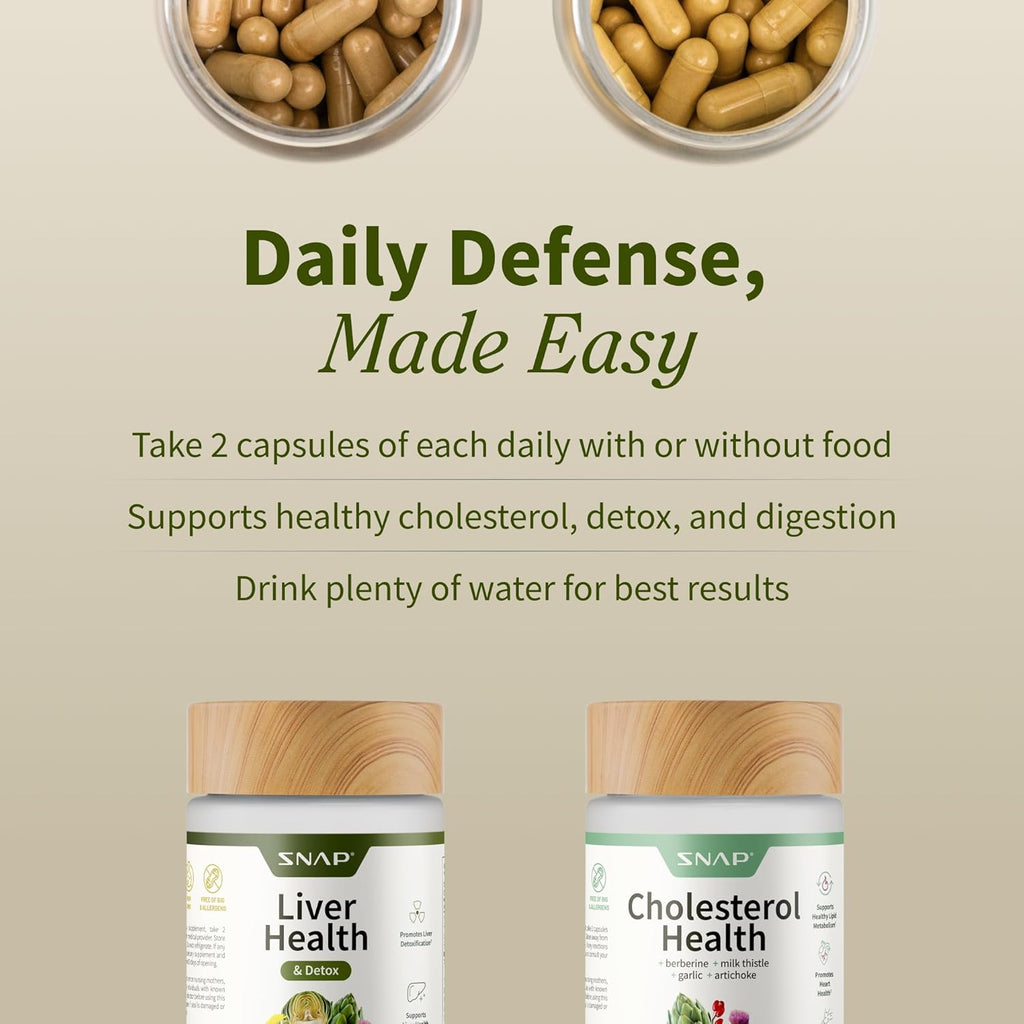 Snap Supplements Liver Health & Detox & Cholesterol Health Supplement Bundle Supports Heart, Liver, Digestive and Metabolic Health, 60 Vegetarian Capsules Each (2-Pack,1 Month Supply)