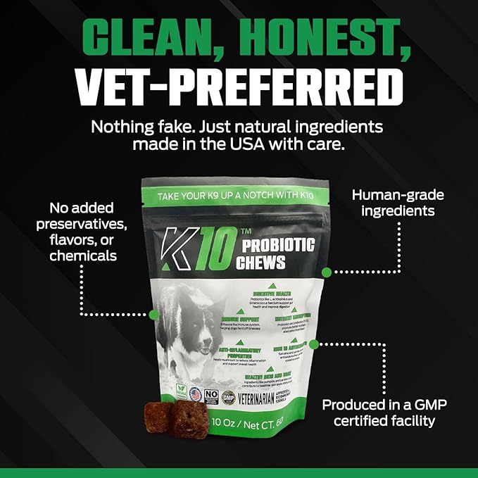 K10 Probiotic Chews for Dogs (60ct) – Advanced Digestive Support with Probiotics, Prebiotics & Superfoods – Vet-Preferred Dog Supplement for Digestion, Immunity, Skin, Coat & Everyday Vitality