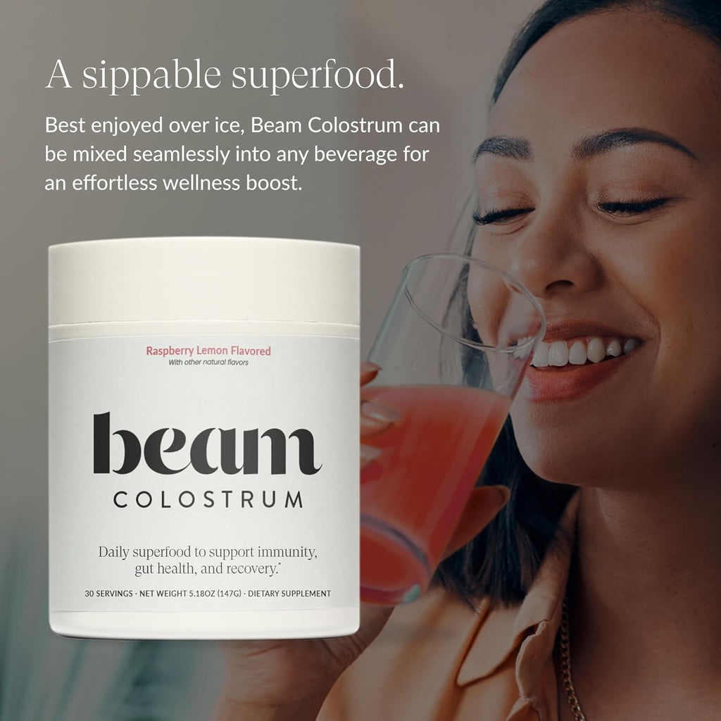 Beam Colostrum Powder – Gut Health, Immune Support & Recovery Supplement – 3g per Serving – Grass-Fed, Third-Party Tested, Pure Whole Bovine Colostrum – No Fillers, Non-GMO, 30 Servings