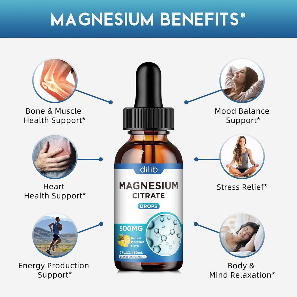 Magnesium Citrate Liquid Drops, Liquid Magnesium Supplement 500mg, Support Stress Relief, Sleep, Mood, Bones, Muscles, Relaxation, Vegan Natural Pineapple Flavor 4 Fl Oz